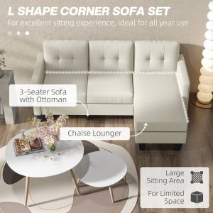 HOMCOM Small Corner Sofa, 3 Seater Sectional Couch with Ottoman, Corner Sofa with Thick Padded Cushion and Wood Legs, Beige - Image 5