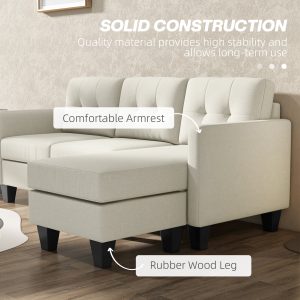 HOMCOM Small Corner Sofa, 3 Seater Sectional Couch with Ottoman, Corner Sofa with Thick Padded Cushion and Wood Legs, Beige - Image 6