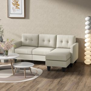 HOMCOM Small Corner Sofa, 3 Seater Sectional Couch with Ottoman, Corner Sofa with Thick Padded Cushion and Wood Legs, Beige - Image 10
