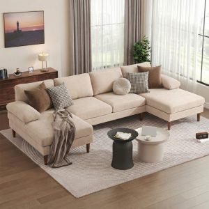 HOMCOM U Shape Couch with Double Chaise Lounge, Modern 4 Seater Sofa with Wooden Legs, Fabric Sofa for Living Room, Beige - Image 1