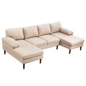 HOMCOM U Shape Couch with Double Chaise Lounge, Modern 4 Seater Sofa with Wooden Legs, Fabric Sofa for Living Room, Beige - Image 15