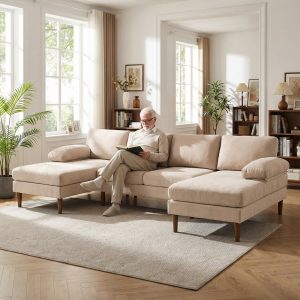 HOMCOM U Shape Couch with Double Chaise Lounge, Modern 4 Seater Sofa with Wooden Legs, Fabric Sofa for Living Room, Beige - Image 24