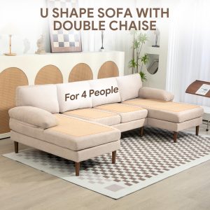 HOMCOM U Shape Couch with Double Chaise Lounge, Modern 4 Seater Sofa with Wooden Legs, Fabric Sofa for Living Room, Beige - Image 17