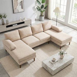 HOMCOM U Shape Couch with Double Chaise Lounge, Modern 4 Seater Sofa with Wooden Legs, Fabric Sofa for Living Room, Beige - Image 22