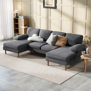 HOMCOM U Shape Couch with Double Chaise Lounge, Modern 4 Seater Sofa with Wooden Legs, Fabric Sofa for Living Room, Dark Grey - Image 1