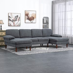 HOMCOM U Shape Couch with Double Chaise Lounge, Modern 4 Seater Sofa with Wooden Legs, Fabric Sofa for Living Room, Dark Grey - Image 1