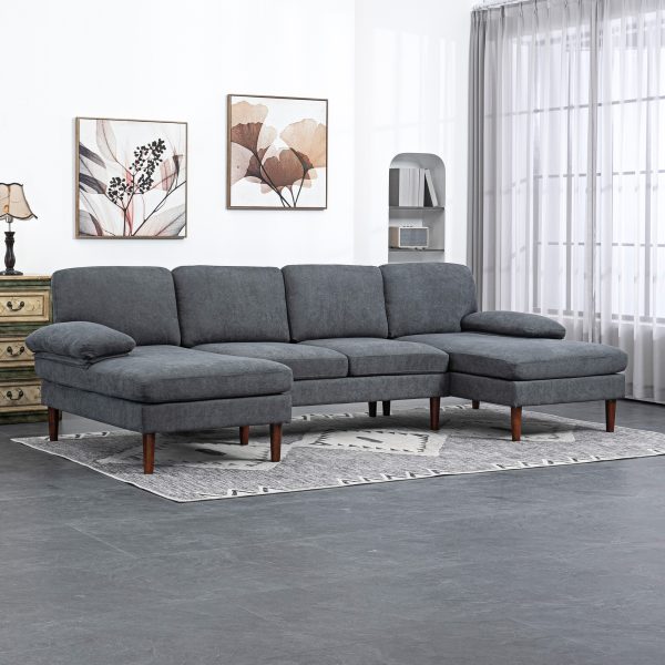 HOMCOM U Shape Couch with Double Chaise Lounge, Modern 4 Seater Sofa with Wooden Legs, Fabric Sofa for Living Room, Dark Grey - Image 1