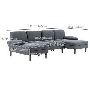 HOMCOM U Shape Couch with Double Chaise Lounge, Modern 4 Seater Sofa with Wooden Legs, Fabric Sofa for Living Room, Dark Grey - Image 3