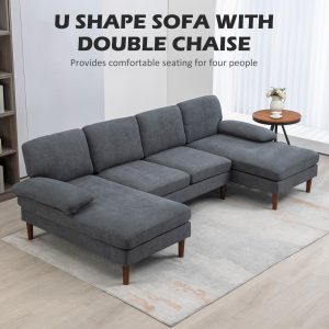 HOMCOM U Shape Couch with Double Chaise Lounge, Modern 4 Seater Sofa with Wooden Legs, Fabric Sofa for Living Room, Dark Grey - Image 4