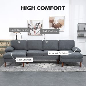 HOMCOM U Shape Couch with Double Chaise Lounge, Modern 4 Seater Sofa with Wooden Legs, Fabric Sofa for Living Room, Dark Grey - Image 5