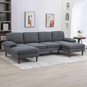HOMCOM U Shape Couch with Double Chaise Lounge, Modern 4 Seater Sofa with Wooden Legs, Fabric Sofa for Living Room, Dark Grey - Image 8
