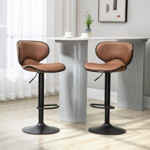 HOMCOM Vintage Set of 2 Microfiber Cloth Adjustable Bar Height Stools with Swivel Seat, Brown - Image 1