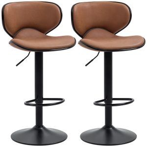 HOMCOM Vintage Set of 2 Microfiber Cloth Adjustable Bar Height Stools with Swivel Seat, Brown - Image 2