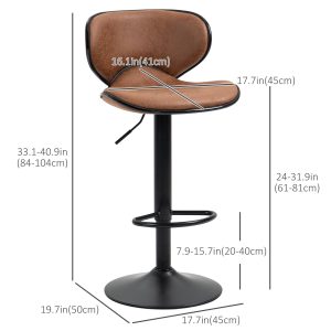 HOMCOM Vintage Set of 2 Microfiber Cloth Adjustable Bar Height Stools with Swivel Seat, Brown - Image 3