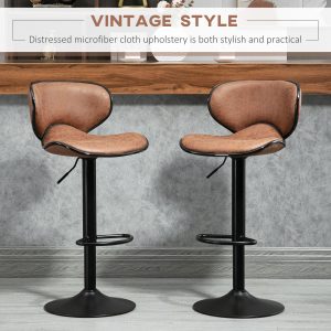 HOMCOM Vintage Set of 2 Microfiber Cloth Adjustable Bar Height Stools with Swivel Seat, Brown - Image 4