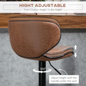 HOMCOM Vintage Set of 2 Microfiber Cloth Adjustable Bar Height Stools with Swivel Seat, Brown - Image 5