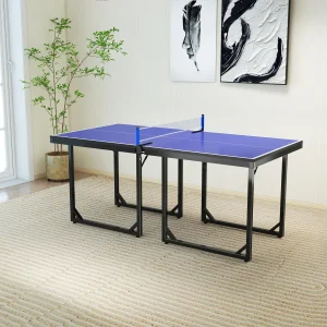 Soozier 6x3ft Compact Midsize Table Tennis Table Multi-Use Family Ping-pong Table Free Standing Folding Blue - Image 5