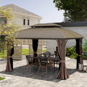 Outsunny 10' x 12' Hardtop Gazebo Canopy with Double Roof, Netting and Curtains for Garden, Backyard, Deck, Coffee - Image 3