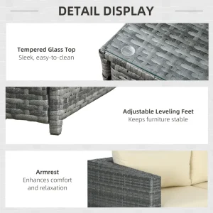 Outsunny 3 Pieces Rattan Wicker Outdoor Conversation Furniture Set with Loveseats Coffee Table Cushions for Garden, Patio, Beige - Image 8