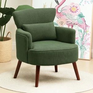Modern Accent Chair, Upholstered Armchair with Solid Wood Legs and Lumbar Pillow for Living Room, Green - Image 1