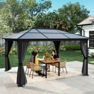 Outsunny 12' x 15' Hardtop Gazebo Canopy with Polycarbonate Roof, Aluminum Frame, Netting, Curtains and Ceiling Hook, Dark Grey - Image 4