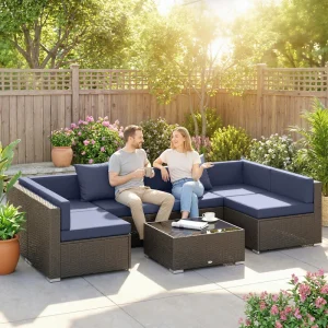 Outsunny 7pc Garden Wicker Sectional Set w/ Tea Table Patio Rattan Lounge Sofa Outdoor Deck Furniture Navy Blue - Image 7