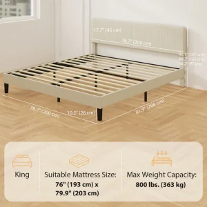 HOMCOM King Size Bed Frame with Adjustable Upholstered Headboard Platform Bed Frame Wood Slat Support Noise Free Light Grey - Image 4