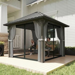 Outsunny 10' x 10' Hardtop Gazebo with Galvanized Steel Roof, Permanent Garden Gazebo with Netting and Curtains - Image 1