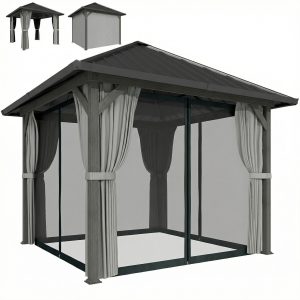 Outsunny 10' x 10' Hardtop Gazebo with Galvanized Steel Roof, Permanent Garden Gazebo with Netting and Curtains - Image 2