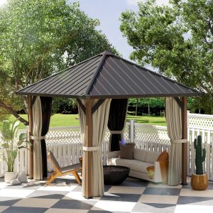 Outsunny 10' x 10' Hardtop Gazebo with Galvanized Steel Roof, Permanent Garden Gazebo with Netting and Curtains - Image 1