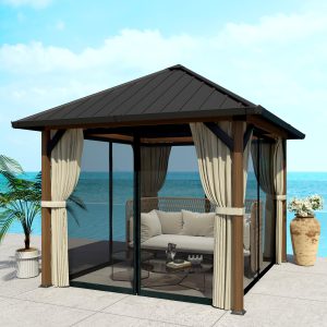 Outsunny 10' x 10' Hardtop Gazebo with Galvanized Steel Roof, Permanent Garden Gazebo with Netting and Curtains - Image 17