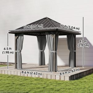Outsunny 10' x 10' Hardtop Gazebo with Galvanized Steel Roof, Permanent Garden Gazebo with Netting and Curtains - Image 3