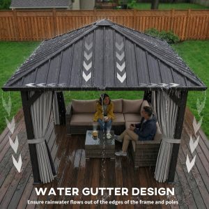 Outsunny 10' x 10' Hardtop Gazebo with Galvanized Steel Roof, Permanent Garden Gazebo with Netting and Curtains - Image 5