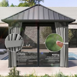 Outsunny 10' x 10' Hardtop Gazebo with Galvanized Steel Roof, Permanent Garden Gazebo with Netting and Curtains - Image 7
