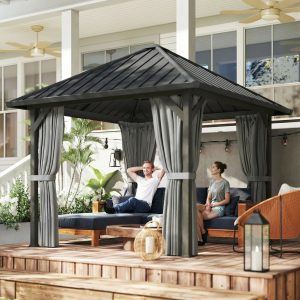 Outsunny 10' x 10' Hardtop Gazebo with Galvanized Steel Roof, Permanent Garden Gazebo with Netting and Curtains - Image 8
