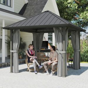Outsunny 10' x 10' Hardtop Gazebo with Galvanized Steel Roof, Permanent Garden Gazebo with Netting and Curtains - Image 10