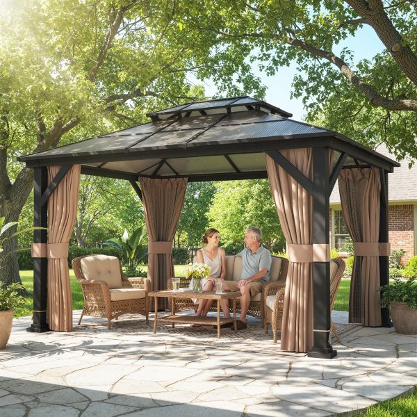Outsunny 10' x 12' Hardtop Gazebo Canopy with Double PC Roof, Steel Permanent Outdoor Gazebo with Curtains and Netting, Khaki - Image 1