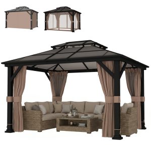 Outsunny 10' x 12' Hardtop Gazebo Canopy with Double PC Roof, Steel Permanent Outdoor Gazebo with Curtains and Netting, Khaki - Image 10
