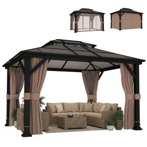 Outsunny 10' x 12' Hardtop Gazebo Canopy with Double PC Roof, Steel Permanent Outdoor Gazebo with Curtains and Netting, Khaki - Image 19