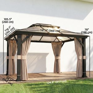 Outsunny 10' x 12' Hardtop Gazebo Canopy with Double PC Roof, Steel Permanent Outdoor Gazebo with Curtains and Netting, Khaki - Image 11