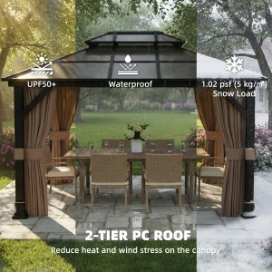 Outsunny 10' x 12' Hardtop Gazebo Canopy with Double PC Roof, Steel Permanent Outdoor Gazebo with Curtains and Netting, Khaki - Image 12
