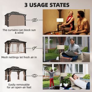 Outsunny 10' x 12' Hardtop Gazebo Canopy with Double PC Roof, Steel Permanent Outdoor Gazebo with Curtains and Netting, Khaki - Image 14