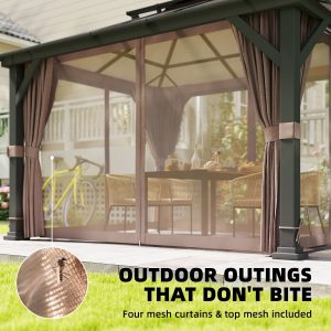 Outsunny 10' x 12' Hardtop Gazebo Canopy with Double PC Roof, Steel Permanent Outdoor Gazebo with Curtains and Netting, Khaki - Image 15