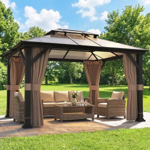 Outsunny 10' x 12' Hardtop Gazebo Canopy with Double PC Roof, Steel Permanent Outdoor Gazebo with Curtains and Netting, Khaki - Image 16