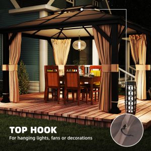 Outsunny 10' x 12' Hardtop Gazebo Canopy with Double PC Roof, Steel Permanent Outdoor Gazebo with Curtains and Netting, Khaki - Image 17