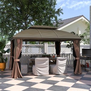 Outsunny 10' x 12' Hardtop Gazebo Canopy with Double Roof, Netting and Curtains for Garden, Backyard, Deck, Coffee - Image 1