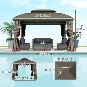 Outsunny 10' x 12' Hardtop Gazebo Canopy with Double Roof, Netting and Curtains for Garden, Backyard, Deck, Coffee - Image 13
