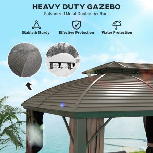 Outsunny 10' x 12' Hardtop Gazebo Canopy with Double Roof, Netting and Curtains for Garden, Backyard, Deck, Coffee - Image 14