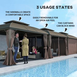Outsunny 10' x 12' Hardtop Gazebo Canopy with Double Roof, Netting and Curtains for Garden, Backyard, Deck, Coffee - Image 19