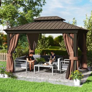 Outsunny 10' x 12' Outdoor Hardtop Gazebo with Galvanized Canopy & Netting Sidewalls for Lawn, Backyard, Dark Brown - Image 1